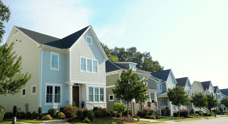 A row of real estate homes in Tallahassee, Florida similar to ones that are available to buy.