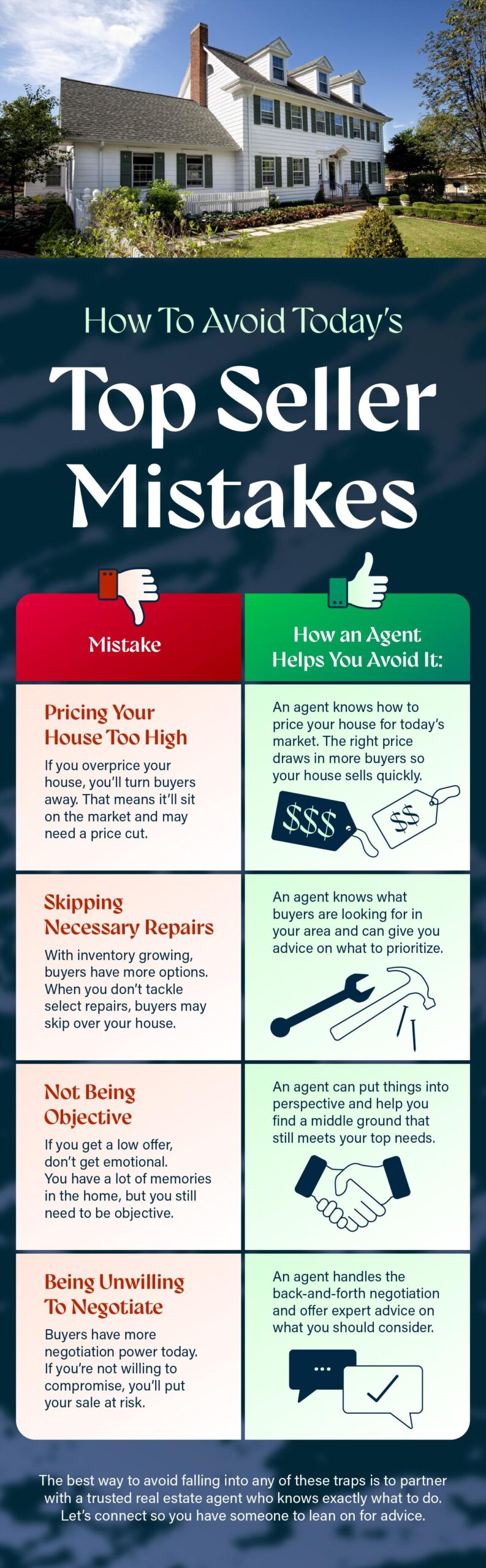 Infographic showing how to avoid today's top seller mistakes. Tallahassee, Florida real estate services.